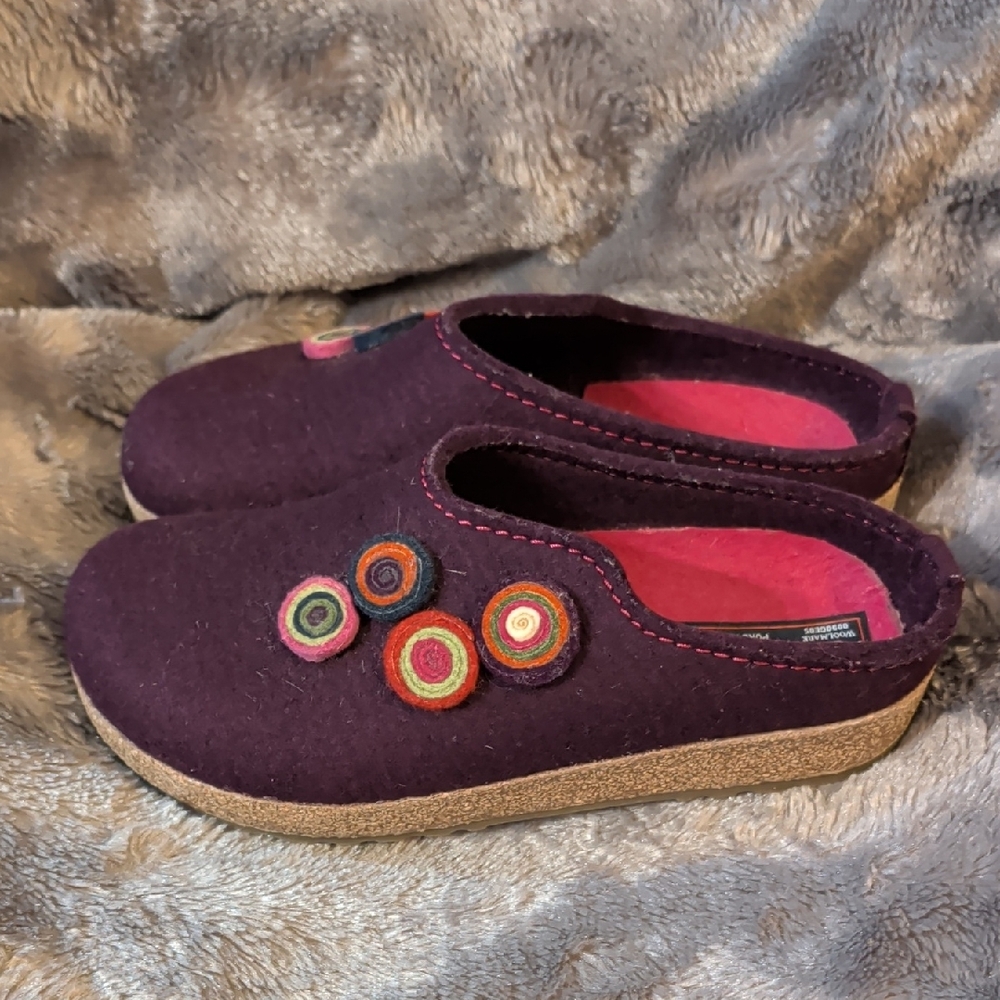Haflinger Purple Felt Slip-On Mules with Multicolor Circle Accents - Picture 3 of 5